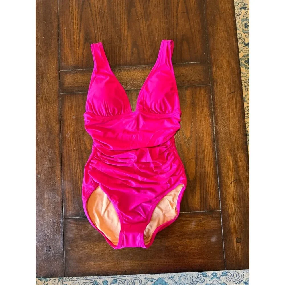 J.Crew Swimsuit Pink Ruched V-neck One Piece Swimsuit NEW Fuchsia 12 Barbiecore - Picture 2 of 4